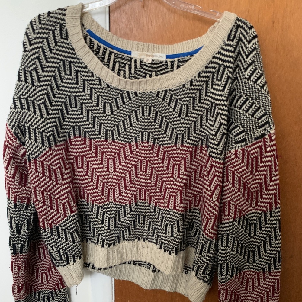 Tan Black and Red Cropped Sweater